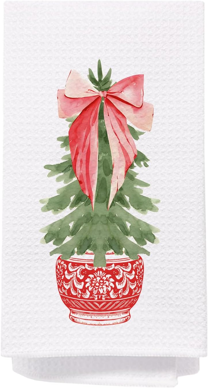 SPBL&L Chinoiserie Christmas Kitchen & Bath Towels, Red Porcelain Chinoiserie Tree Hand Towels, 16x24 Inch - Image 1